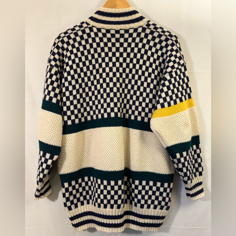 Vintage Jayson Younger Shetland Wool Oversized Checkered Knit Cardigan Size S - Picture 2 of 12